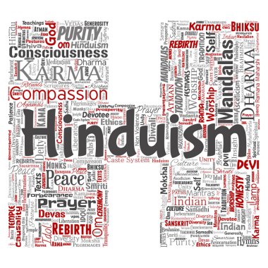 Vektör kavramsal Hinduizm, shiva, rama, yoga mektup yazı tipi H kırmızı kelime bulutu arka plan izole. Mandalalar, samsara, kutlama, gelenek, barış, merhamet, yeniden doğuş, karma, dharma kavramı kolaj