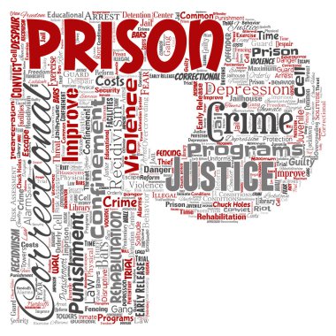 Vektör kavramsal hapishane, adalet, suç mektup yazı tipi P kırmızı kelime izole bulut arka plan. Ceza, hukuk, haklar, sosyal, yetki, sistem, sivil, deneme, rehabilitasyon, özgürlük kavramı kolaj