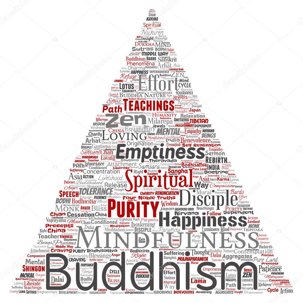 Vector conceptual buddhism, meditation, enlightenment, karma triangle arrow red word cloud isolated background. Collage of mindfulness, reincarnation, nirvana, emptiness, bodhicitta, happiness concept