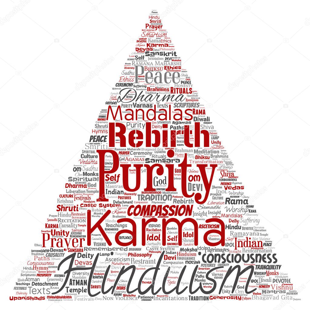 Vector conceptual hinduism, shiva, rama, yoga triangle arrow red word cloud isolated background. Collage of mandalas, samsara, celebration, tradition, peace, compassion, rebirth, karma, dharma concept