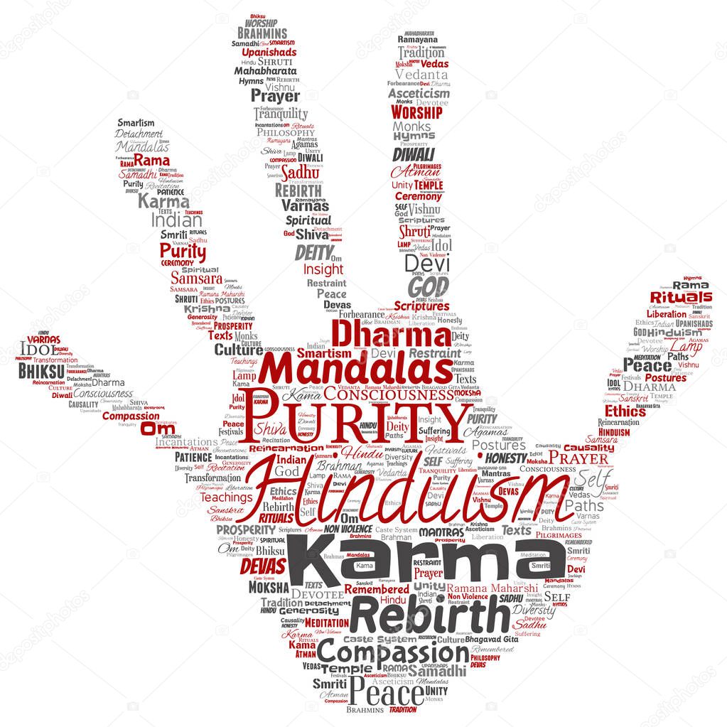 Vector conceptual hinduism, shiva, rama, yoga hand print stamp word cloud isolated background. Collage of mandalas, samsara, celebration, tradition, peace, compassion, rebirth, karma, dharma concept