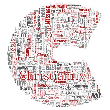 Vektör kavramsal Hıristiyanlık, İsa, İncil Ahit mektup yazı tipi C kırmızı kelime izole bulut arka plan. Öğretileri, Kurtuluş Diriliş, cennet, itiraf, AF, aşk kavramı kolaj