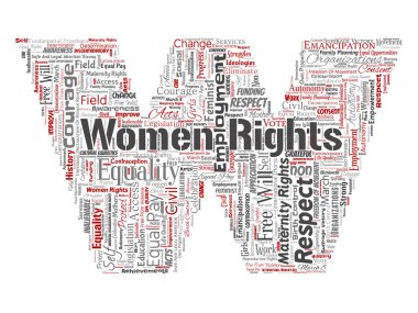 Vektör kavramsal kadın hakları, eşitlik, serbest mektup yazı tipi W kırmızı kelime izole bulut arka plan. Feminizm, güçlendirme, dürüstlük, fırsatları, Farkındalık, cesaret, eğitim, kolaj saygı kavramı