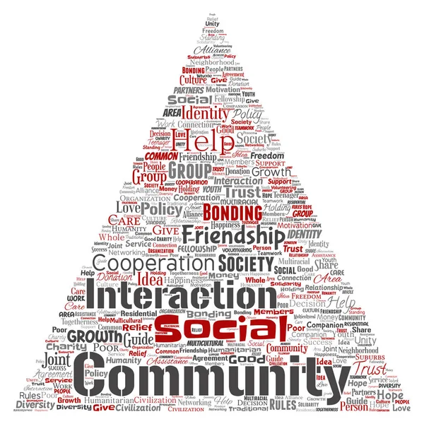 Comunità Concettuale Vettoriale Sociale Connessione Triangolo Freccia Rosso Parola Nube — Vettoriale Stock