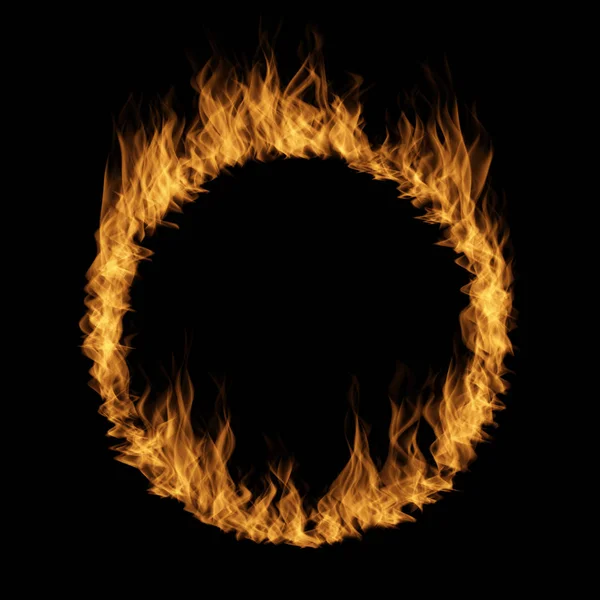 概念的な黄色オレンジ ホット荒れ狂う炎 サークルのラウンドのリング炎形分離黒背景 現実的な抽象的な可燃性危険インフェルノを燃やす激しい熱エネルギー効果の — ストック写真