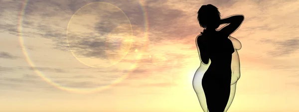 Kavramsal şişman şişman şişman kadın zayıfa karşı kilo verdikten sonra sağlıklı vücuda uyuyor ya da gün batımında kasları zayıf genç bir kadınla diyet yapıyor. Fitness, beslenme veya şişmanlık obezite, sağlık şekli 3D illüstrasyon 