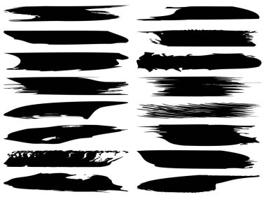 Beyaz arka planda sanatsal grungy siyah el vektör koleksiyonu, yaratıcı fırça darbesi setini izole etti. Tasarım eğitimi veya grafik sanat dekorasyonu için bir grup soyut grunge çizimi