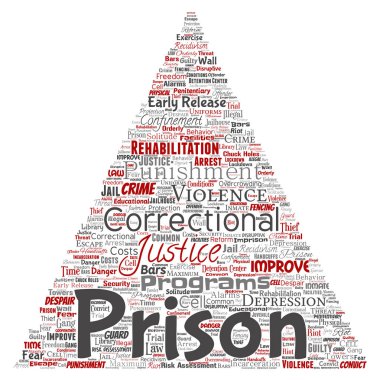 Vektör kavramsal hapishane, adalet, suç üçgen ok kırmızı kelime izole bulut arka plan. Ceza, hukuk, haklar, sosyal, yetki, sistem, sivil, deneme, rehabilitasyon, özgürlük kavramı kolaj