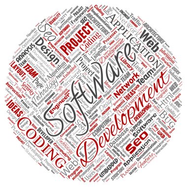 Arka plan daire kırmızı kelime bulutu yuvarlak teknoloji kodlama vektör kavramsal yazılım geliştirme projesi izole. Uygulama web tasarım, seo fikir, uygulama, test yükseltme kavramı kolaj
