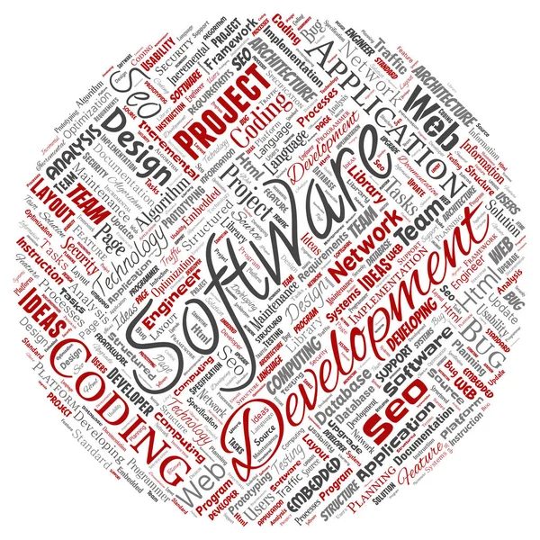 Arka plan daire kırmızı kelime bulutu yuvarlak teknoloji kodlama vektör kavramsal yazılım geliştirme projesi izole. Uygulama web tasarım, seo fikir, uygulama, test yükseltme kavramı kolaj