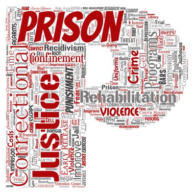 Vektör kavramsal hapishane, adalet, suç mektup yazı tipi P kırmızı kelime izole bulut arka plan. Ceza, hukuk, haklar, sosyal, yetki, sistem, sivil, deneme, rehabilitasyon, özgürlük kavramı kolaj