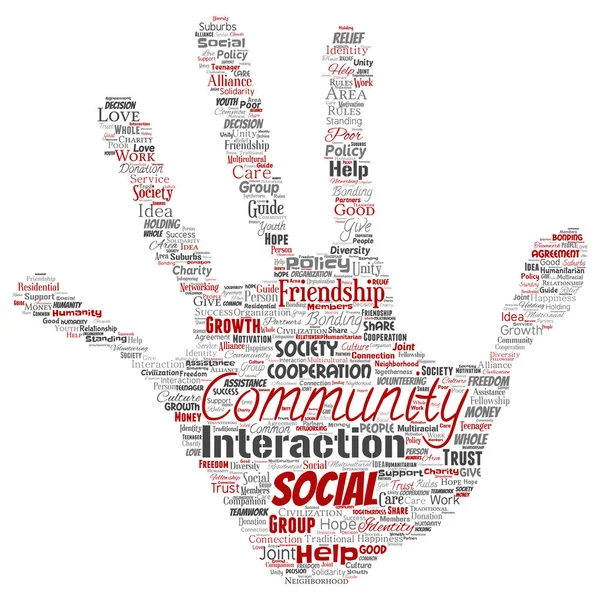 Vector Conceptual Community Social Connection Hand Print Stamp Word Cloud — Stock Vector