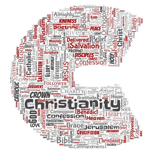Vektör kavramsal Hıristiyanlık, İsa, İncil Ahit mektup yazı tipi C kırmızı kelime izole bulut arka plan. Öğretileri, Kurtuluş Diriliş, cennet, itiraf, AF, aşk kavramı kolaj