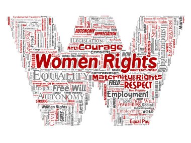 Vektör kavramsal kadın hakları, eşitlik, serbest mektup yazı tipi W kırmızı kelime izole bulut arka plan. Feminizm, güçlendirme, dürüstlük, fırsatları, Farkındalık, cesaret, eğitim, kolaj saygı kavramı