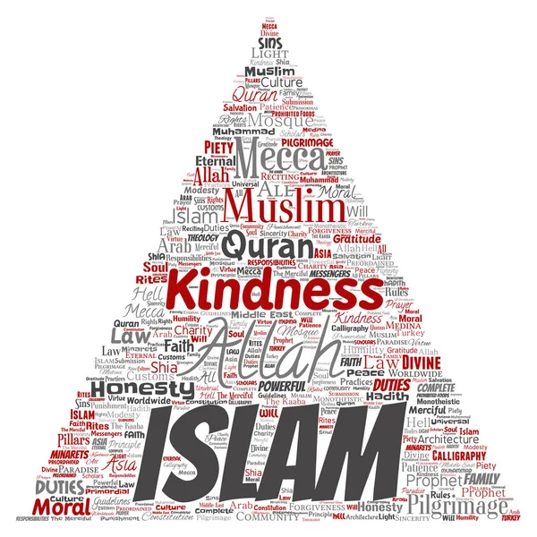 Vektör kavramsal islam, Peygamber, cami üçgen kırmızı ok kelime izole bulut arka plan. Müslüman, ramadam, Kur'an-ı Kerim, hac, Allah'ın, görevleri, sanat, hat, oryantal, gelenek kavramı kolaj
