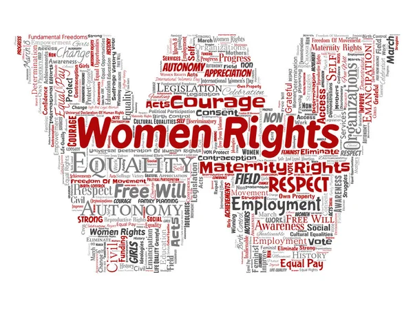 Vektör kavramsal kadın hakları, eşitlik, serbest mektup yazı tipi W kırmızı kelime izole bulut arka plan. Feminizm, güçlendirme, dürüstlük, fırsatları, Farkındalık, cesaret, eğitim, kolaj saygı kavramı