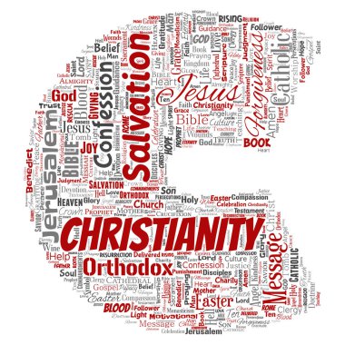 Vektör kavramsal Hıristiyanlık, İsa, İncil Ahit mektup yazı tipi C kırmızı kelime izole bulut arka plan. Öğretileri, Kurtuluş Diriliş, cennet, itiraf, AF, aşk kavramı kolaj