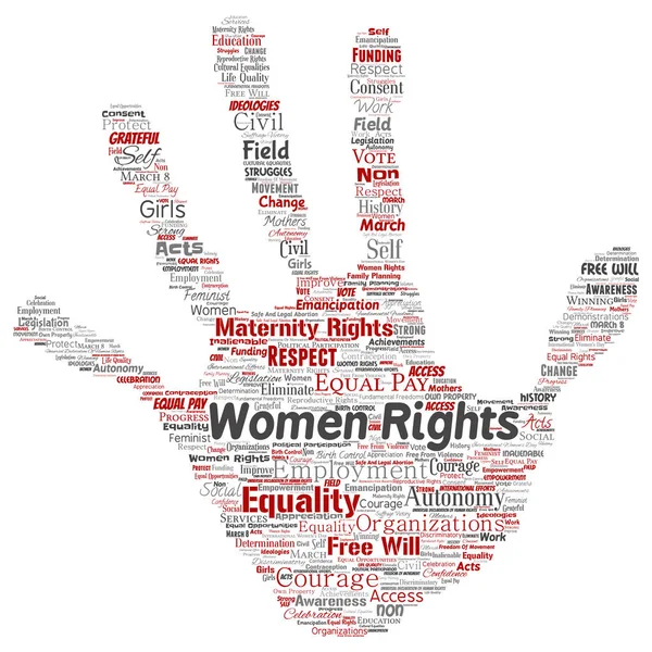 Vektör kavramsal kadın hakları, eşitlik, serbest el baskı damga kelime izole bulut arka plan. Feminizm, güçlendirme, dürüstlük, fırsatları, Farkındalık, cesaret, eğitim, kolaj saygı kavramı