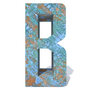 Kavramsal eski paslı metal yazı tipi veya türü, izole beyaz arka plan adet demir ya da çelik sektörü. Eğitici paslı malzeme, yaşlı vintage yüzey, 3d çizim Pütürlü yüzeyi olarak yıpranmış zarar görmüş boya