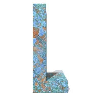 Kavramsal eski paslı metal yazı tipi veya türü, izole beyaz arka plan adet demir ya da çelik sektörü. Eğitici paslı malzeme, yaşlı vintage yüzey, 3d çizim Pütürlü yüzeyi olarak yıpranmış zarar görmüş boya