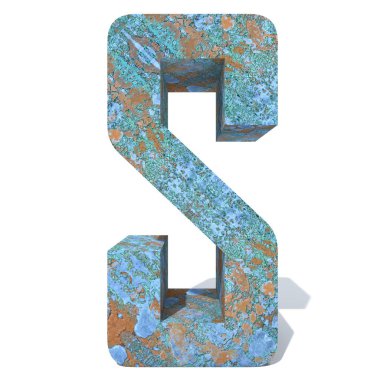 Kavramsal eski paslı metal yazı tipi veya türü, izole beyaz arka plan adet demir ya da çelik sektörü. Eğitici paslı malzeme, yaşlı vintage yüzey, 3d çizim Pütürlü yüzeyi olarak yıpranmış zarar görmüş boya