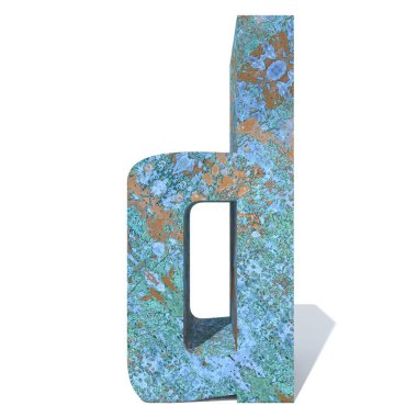 Kavramsal eski paslı metal yazı tipi veya türü, izole beyaz arka plan adet demir ya da çelik sektörü. Eğitici paslı malzeme, yaşlı vintage yüzey, 3d çizim Pütürlü yüzeyi olarak yıpranmış zarar görmüş boya