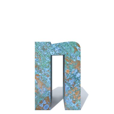 Kavramsal eski paslı metal yazı tipi veya türü, izole beyaz arka plan adet demir ya da çelik sektörü. Eğitici paslı malzeme, yaşlı vintage yüzey, 3d çizim Pütürlü yüzeyi olarak yıpranmış zarar görmüş boya