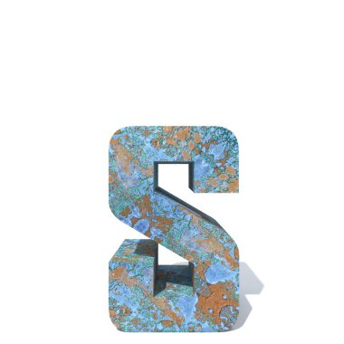 Kavramsal eski paslı metal yazı tipi veya türü, izole beyaz arka plan adet demir ya da çelik sektörü. Eğitici paslı malzeme, yaşlı vintage yüzey, 3d çizim Pütürlü yüzeyi olarak yıpranmış zarar görmüş boya