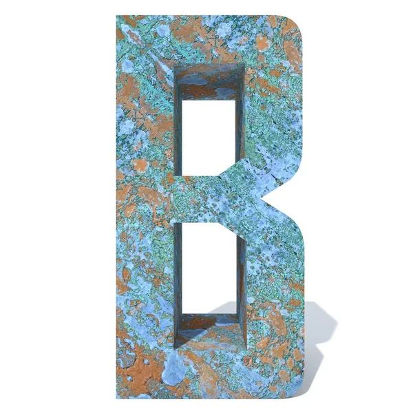 Kavramsal eski paslı metal yazı tipi veya türü, izole beyaz arka plan adet demir ya da çelik sektörü. Eğitici paslı malzeme, yaşlı vintage yüzey, 3d çizim Pütürlü yüzeyi olarak yıpranmış zarar görmüş boya