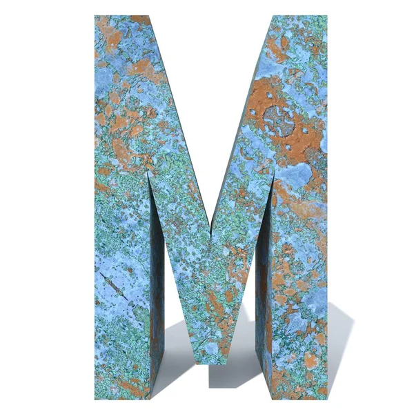 Kavramsal eski paslı metal yazı tipi veya türü, izole beyaz arka plan adet demir ya da çelik sektörü. Eğitici paslı malzeme, yaşlı vintage yüzey, 3d çizim Pütürlü yüzeyi olarak yıpranmış zarar görmüş boya