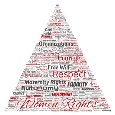 Vektör kavramsal kadın hakları, eşitlik, serbest üçgen kırmızı ok kelime izole bulut arka plan. Feminizm, güçlendirme, dürüstlük, fırsatları, Farkındalık, cesaret, eğitim, kolaj saygı kavramı