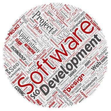 Arka plan daire kırmızı kelime bulutu yuvarlak teknoloji kodlama vektör kavramsal yazılım geliştirme projesi izole. Uygulama web tasarım, seo fikir, uygulama, test yükseltme kavramı kolaj