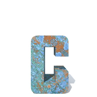 Kavramsal eski paslı metal yazı tipi veya türü, izole beyaz arka plan adet demir ya da çelik sektörü. Eğitici paslı malzeme, yaşlı vintage yüzey, 3d çizim Pütürlü yüzeyi olarak yıpranmış zarar görmüş boya