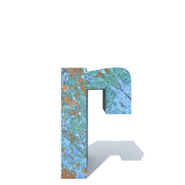 Kavramsal eski paslı metal yazı tipi veya türü, izole beyaz arka plan adet demir ya da çelik sektörü. Eğitici paslı malzeme, yaşlı vintage yüzey, 3d çizim Pütürlü yüzeyi olarak yıpranmış zarar görmüş boya