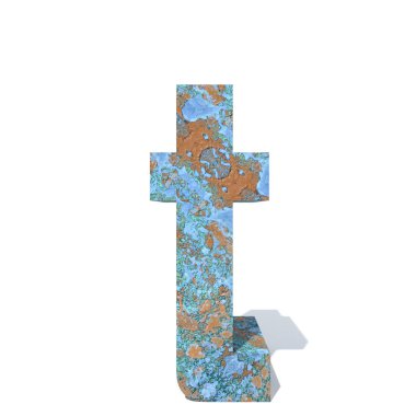 Kavramsal eski paslı metal yazı tipi veya türü, izole beyaz arka plan adet demir ya da çelik sektörü. Eğitici paslı malzeme, yaşlı vintage yüzey, 3d çizim Pütürlü yüzeyi olarak yıpranmış zarar görmüş boya