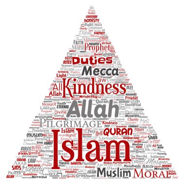 kavramsal islam, Peygamber, cami üçgen kırmızı ok kelime izole bulut arka plan illüstrasyon vektör. Müslüman, ramadam, Kur'an-ı Kerim, Hac, Allah'ın, görevleri, sanat, hat, oryantal, gelenek kavramı kolaj