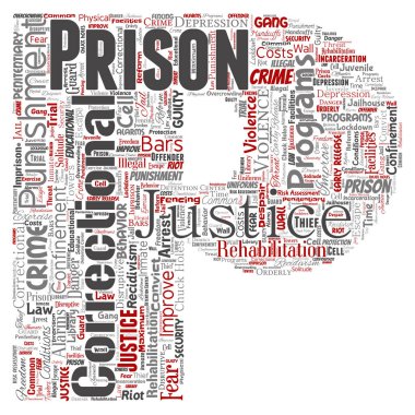 vektör Illustration kavramsal hapishane, adalet, suç mektup yazı tipi P kırmızı kelime izole bulut arka plan. Ceza, hukuk, haklar, sosyal, yetki, sistem, sivil, deneme, rehabilitasyon, Özgürlük kavramı kolaj