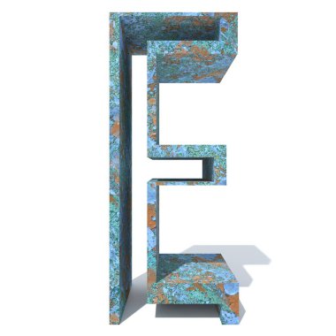 Kavramsal eski paslı metal yazı tipi veya türü, izole beyaz arka plan adet demir ya da çelik sektörü. Eğitici paslı malzeme, yaşlı vintage yüzey, 3d çizim Pütürlü yüzeyi olarak yıpranmış zarar görmüş boya