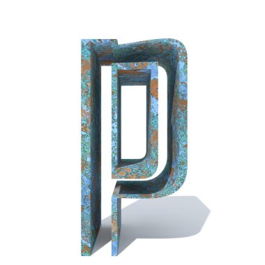 Kavramsal eski paslı metal yazı tipi veya türü, izole beyaz arka plan adet demir ya da çelik sektörü. Eğitici paslı malzeme, yaşlı vintage yüzey, 3d çizim Pütürlü yüzeyi olarak yıpranmış zarar görmüş boya