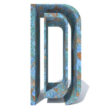 Kavramsal eski paslı metal yazı tipi veya türü, izole beyaz arka plan adet demir ya da çelik sektörü. Eğitici paslı malzeme, yaşlı vintage yüzey, 3d çizim Pütürlü yüzeyi olarak yıpranmış zarar görmüş boya