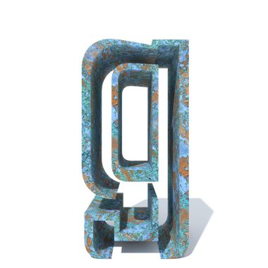 Kavramsal eski paslı metal yazı tipi veya türü, izole beyaz arka plan adet demir ya da çelik sektörü. Eğitici paslı malzeme, yaşlı vintage yüzey, 3d çizim Pütürlü yüzeyi olarak yıpranmış zarar görmüş boya