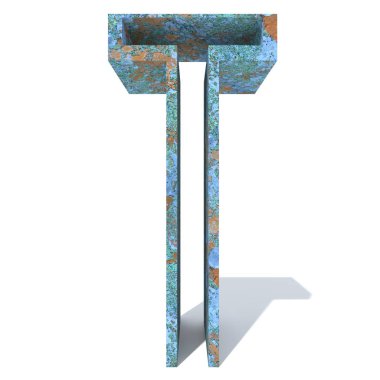 Kavramsal eski paslı metal yazı tipi veya türü, izole beyaz arka plan adet demir ya da çelik sektörü. Eğitici paslı malzeme, yaşlı vintage yüzey, 3d çizim Pütürlü yüzeyi olarak yıpranmış zarar görmüş boya