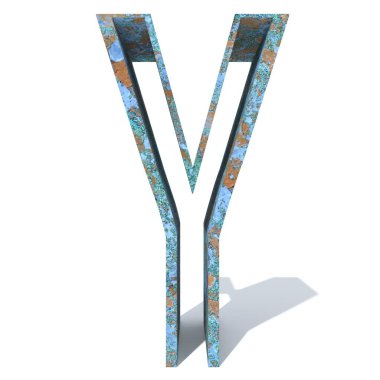 Kavramsal eski paslı metal yazı tipi veya türü, izole beyaz arka plan adet demir ya da çelik sektörü. Eğitici paslı malzeme, yaşlı vintage yüzey, 3d çizim Pütürlü yüzeyi olarak yıpranmış zarar görmüş boya