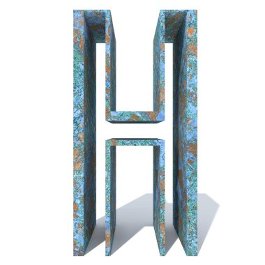 Kavramsal eski paslı metal yazı tipi veya türü, izole beyaz arka plan adet demir ya da çelik sektörü. Eğitici paslı malzeme, yaşlı vintage yüzey, 3d çizim Pütürlü yüzeyi olarak yıpranmış zarar görmüş boya