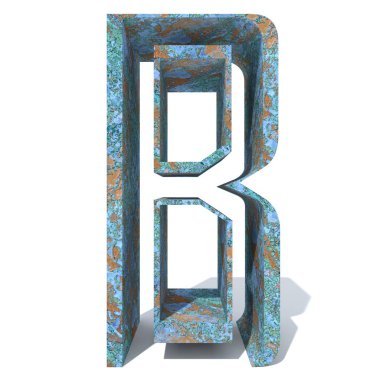 Kavramsal eski paslı metal yazı tipi veya türü, izole beyaz arka plan adet demir ya da çelik sektörü. Eğitici paslı malzeme, yaşlı vintage yüzey, 3d çizim Pütürlü yüzeyi olarak yıpranmış zarar görmüş boya