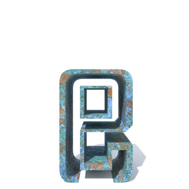 Kavramsal eski paslı metal yazı tipi veya türü, izole beyaz arka plan adet demir ya da çelik sektörü. Eğitici paslı malzeme, yaşlı vintage yüzey, 3d çizim Pütürlü yüzeyi olarak yıpranmış zarar görmüş boya