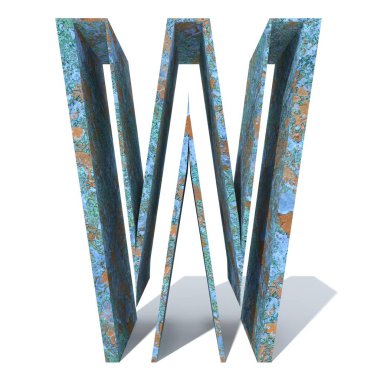 Kavramsal eski paslı metal yazı tipi veya türü, izole beyaz arka plan adet demir ya da çelik sektörü. Eğitici paslı malzeme, yaşlı vintage yüzey, 3d çizim Pütürlü yüzeyi olarak yıpranmış zarar görmüş boya