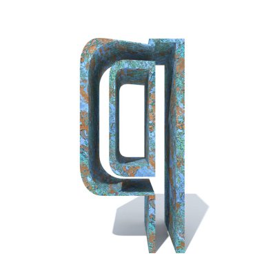 Kavramsal eski paslı metal yazı tipi veya türü, izole beyaz arka plan adet demir ya da çelik sektörü. Eğitici paslı malzeme, yaşlı vintage yüzey, 3d çizim Pütürlü yüzeyi olarak yıpranmış zarar görmüş boya