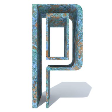 Kavramsal eski paslı metal yazı tipi veya türü, izole beyaz arka plan adet demir ya da çelik sektörü. Eğitici paslı malzeme, yaşlı vintage yüzey, 3d çizim Pütürlü yüzeyi olarak yıpranmış zarar görmüş boya