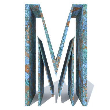 Kavramsal eski paslı metal yazı tipi veya türü, izole beyaz arka plan adet demir ya da çelik sektörü. Eğitici paslı malzeme, yaşlı vintage yüzey, 3d çizim Pütürlü yüzeyi olarak yıpranmış zarar görmüş boya